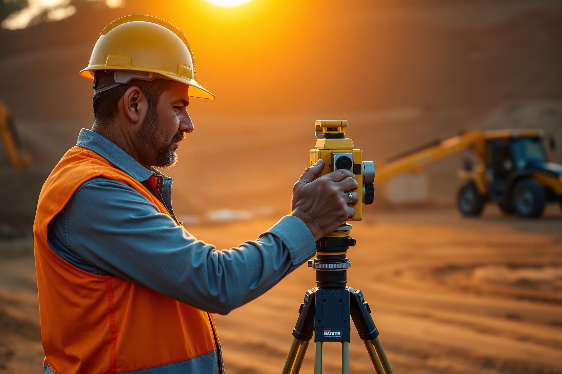 Topógrafo operando estação total em canteiro de obras ao pôr do sol
